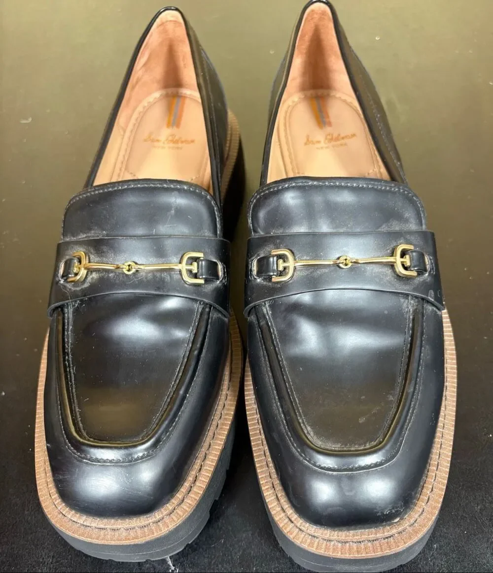 Sam Edelman Laurs Platform Chunky Lug Heel Gold Horsebit Leather Loafer Black si